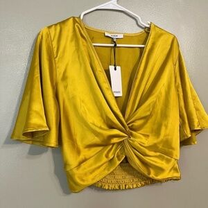 Ro & De Yellow Satin Twist Front Crop Top Short Sleeves XS NWT